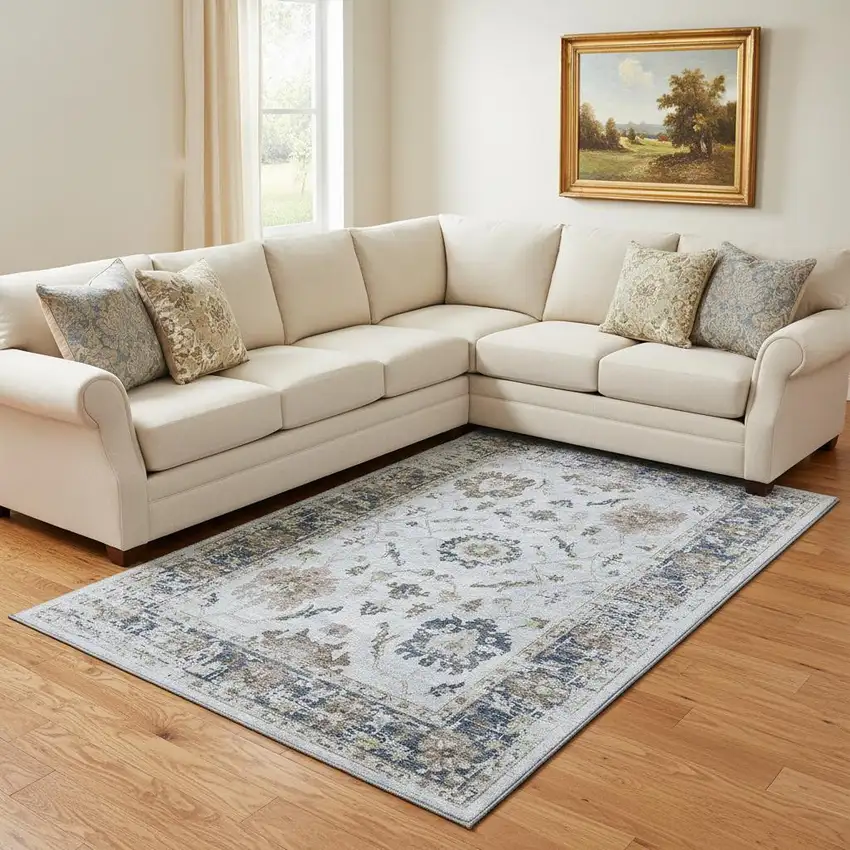 Blue Gray And Taupe Oriental Washable Area Rug With UV Protection Photo 2