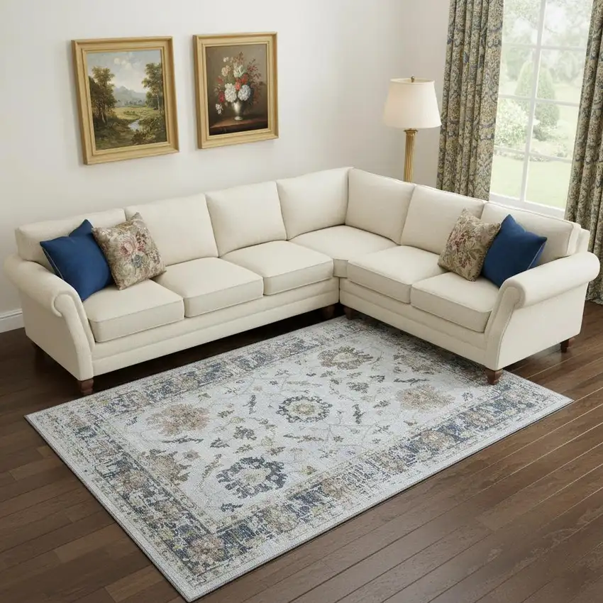 Blue Gray And Taupe Oriental Washable Area Rug With UV Protection Photo 2