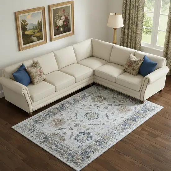 Blue Gray And Taupe Oriental Washable Area Rug With UV Protection Photo 2