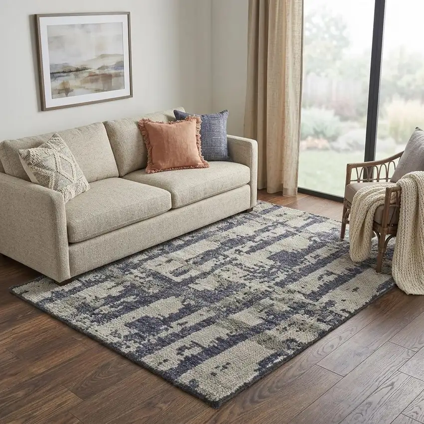 Blue Gray And Taupe Wool Abstract Hand Knotted Area Rug Photo 1