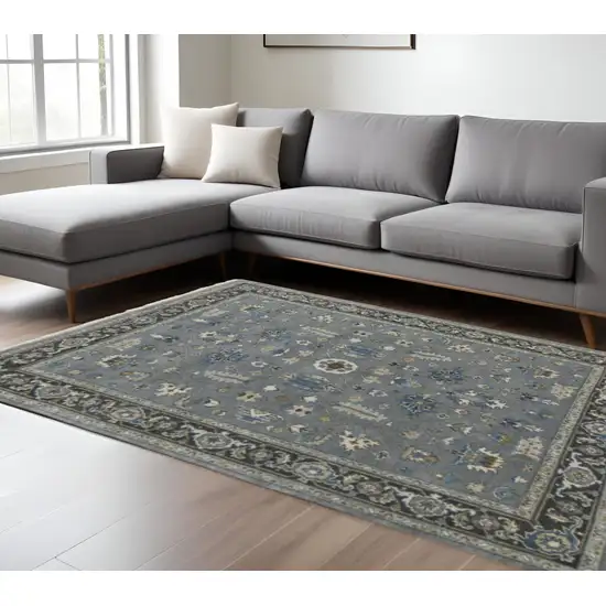Blue Gray And Taupe Wool Floral Hand Knotted Stain Resistant Area Rug Photo 1