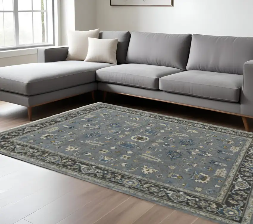 Blue Gray And Taupe Wool Floral Hand Knotted Stain Resistant Area Rug Photo 1
