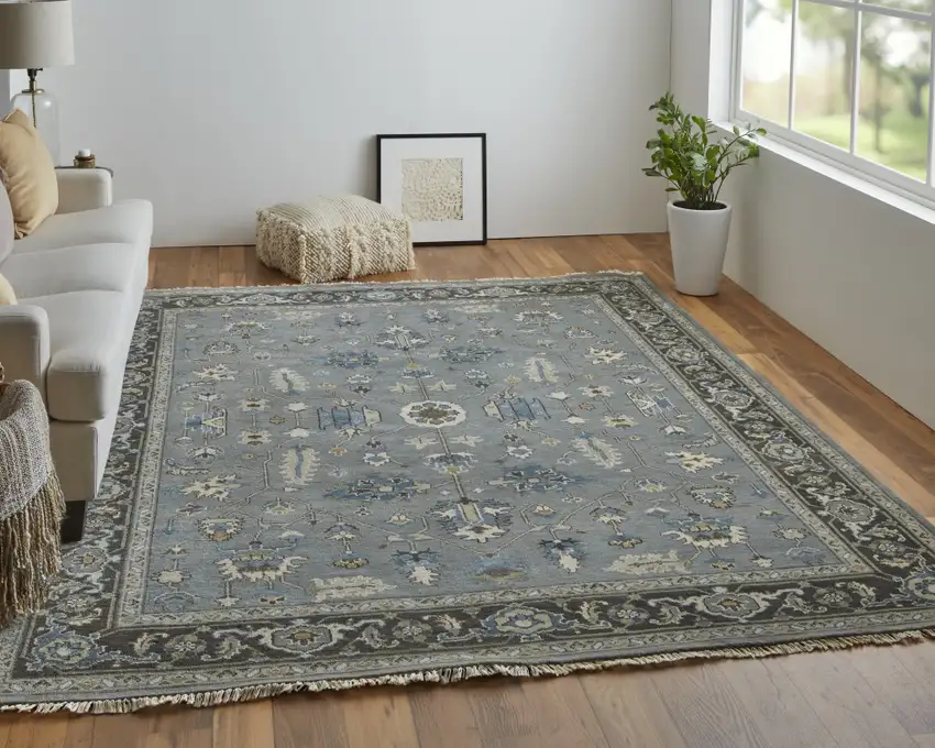 Blue Gray And Taupe Wool Floral Hand Knotted Stain Resistant Area Rug Photo 8