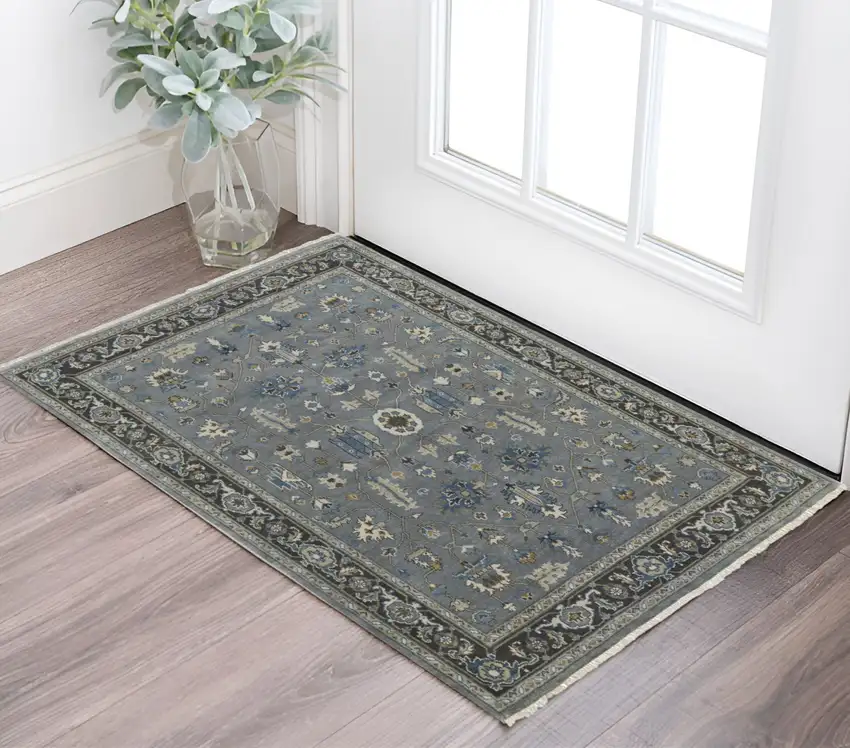 Gray and Ivory Wool Floral Hand Knotted Area Rug Photo 1
