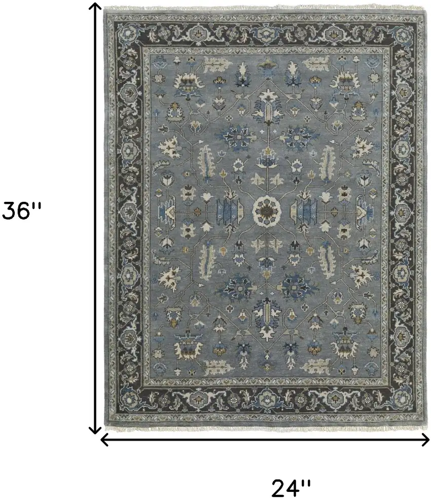 Blue Gray And Taupe Wool Floral Hand Knotted Stain Resistant Area Rug Photo 9