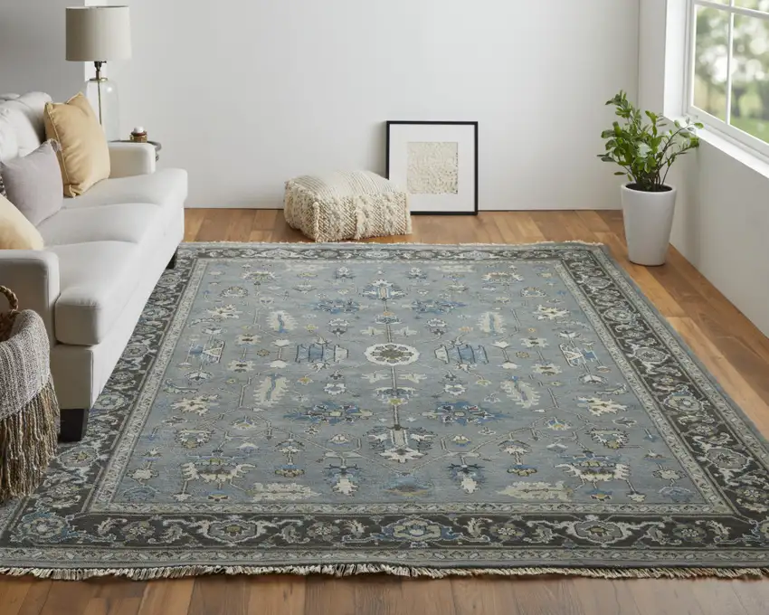 Blue Gray And Taupe Wool Floral Hand Knotted Stain Resistant Area Rug Photo 7
