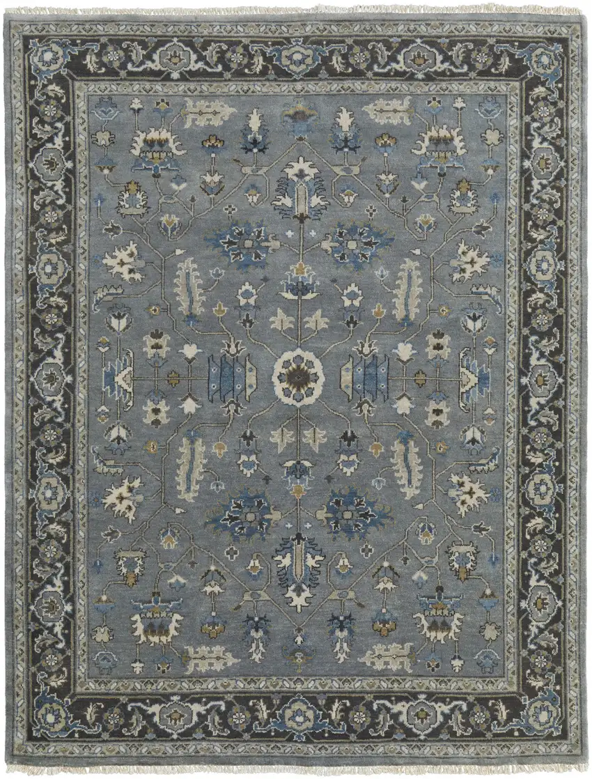Blue Gray And Taupe Wool Floral Hand Knotted Stain Resistant Area Rug Photo 1