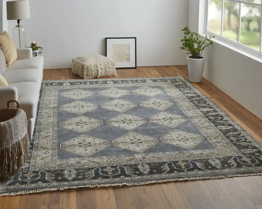Blue Gray And Taupe Wool Floral Hand Knotted Stain Resistant Area Rug Photo 8