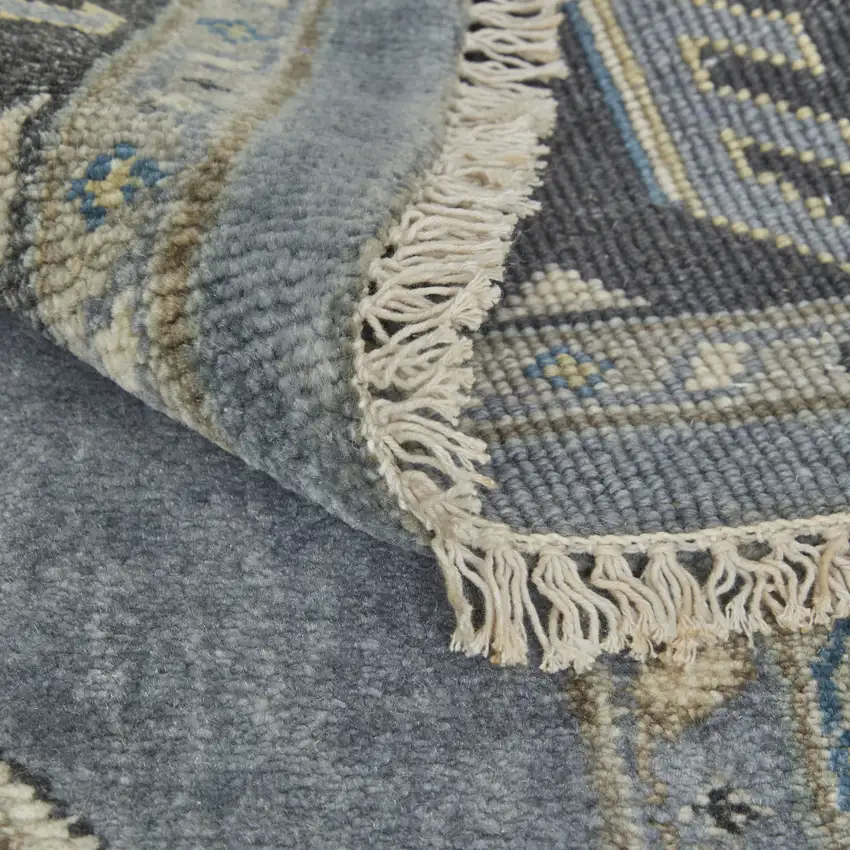 Blue Gray And Taupe Wool Floral Hand Knotted Stain Resistant Area Rug Photo 6
