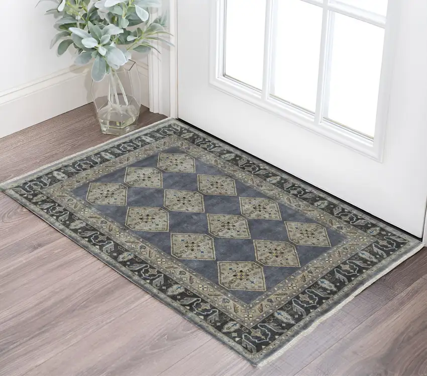 Gray and Ivory Wool Floral Hand Knotted Area Rug Photo 1