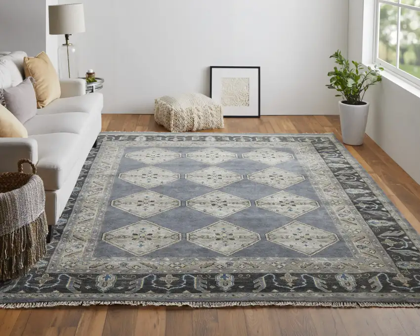 Blue Gray And Taupe Wool Floral Hand Knotted Stain Resistant Area Rug Photo 7
