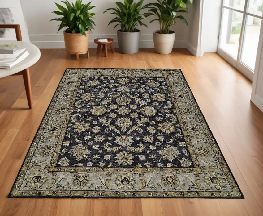 Blue Gray And Taupe Wool Floral Tufted Handmade Stain Resistant Area Rug Photo 1