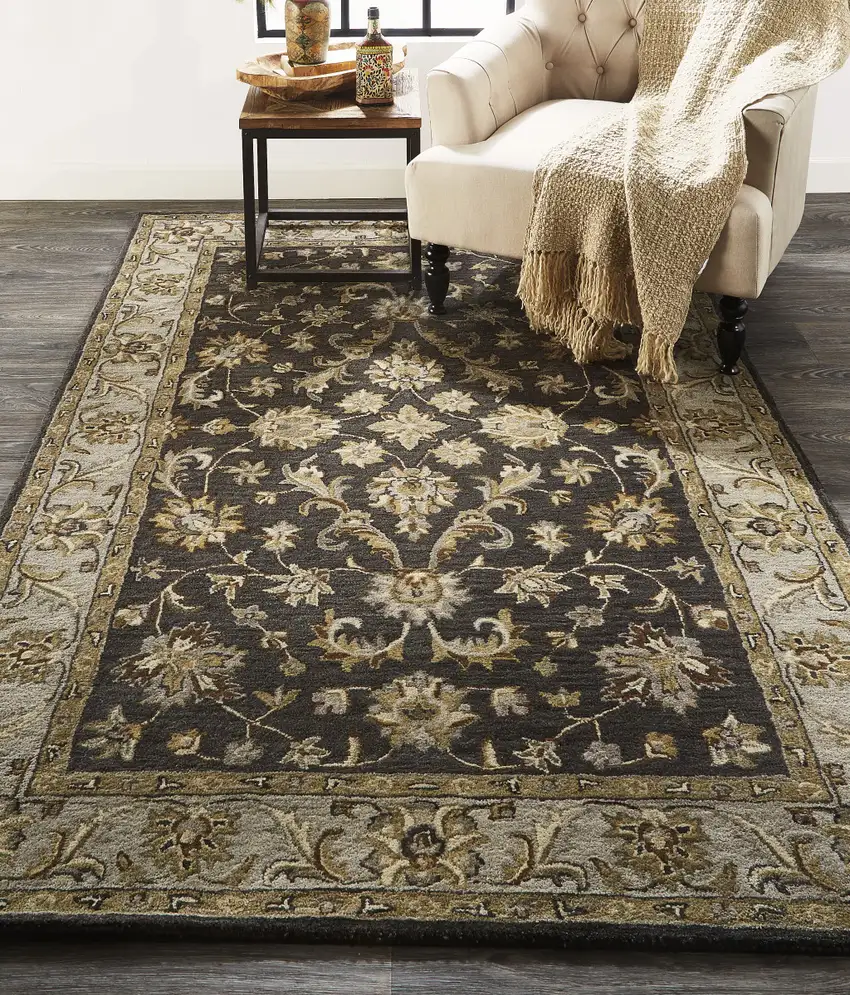 Blue Gray And Taupe Wool Floral Tufted Handmade Stain Resistant Area Rug Photo 6
