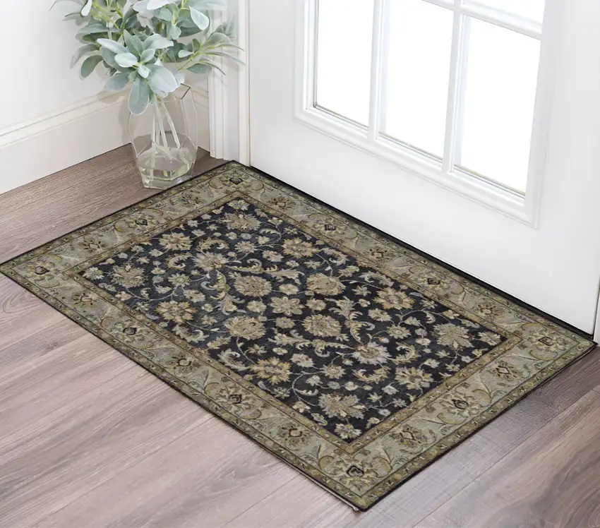 Blue Gray And Taupe Wool Floral Tufted Handmade Stain Resistant Area Rug Photo 1