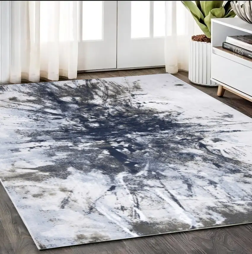 Blue Gray And White Abstract Stain Resistant Area Rug Photo 1