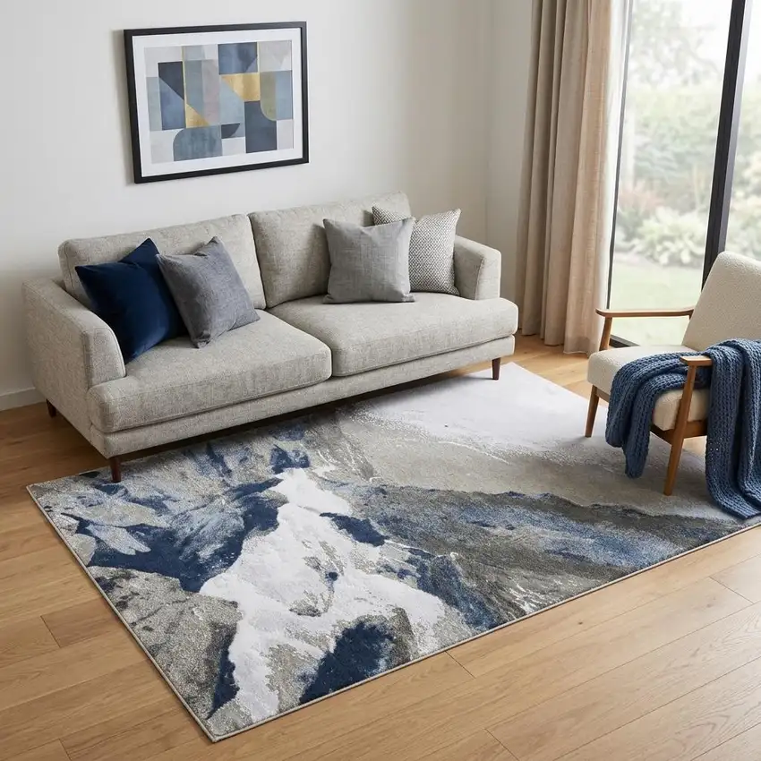 Blue Gray And White Abstract Stain Resistant Area Rug Photo 1