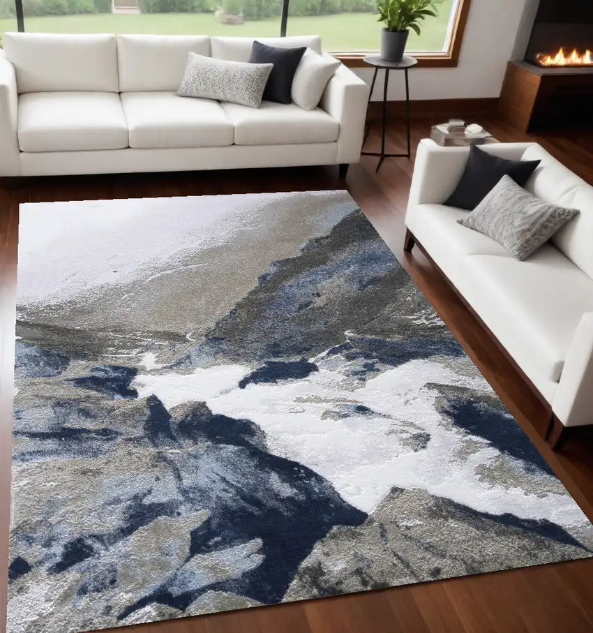 Blue Gray And White Abstract Stain Resistant Area Rug Photo 1