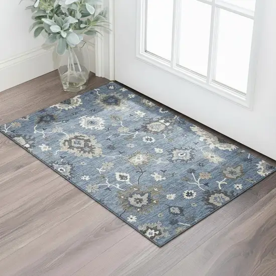 Blue Gray And White Floral Medallion Washable Area Rug With UV Protection Photo 1