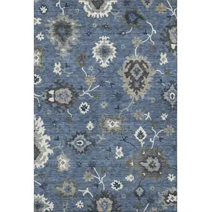 Photo of Blue Gray And White Floral Medallion Washable Area Rug With UV Protection