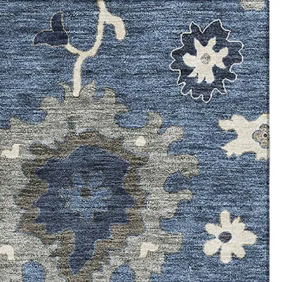Blue Gray And White Floral Medallion Washable Area Rug With UV Protection Photo 2