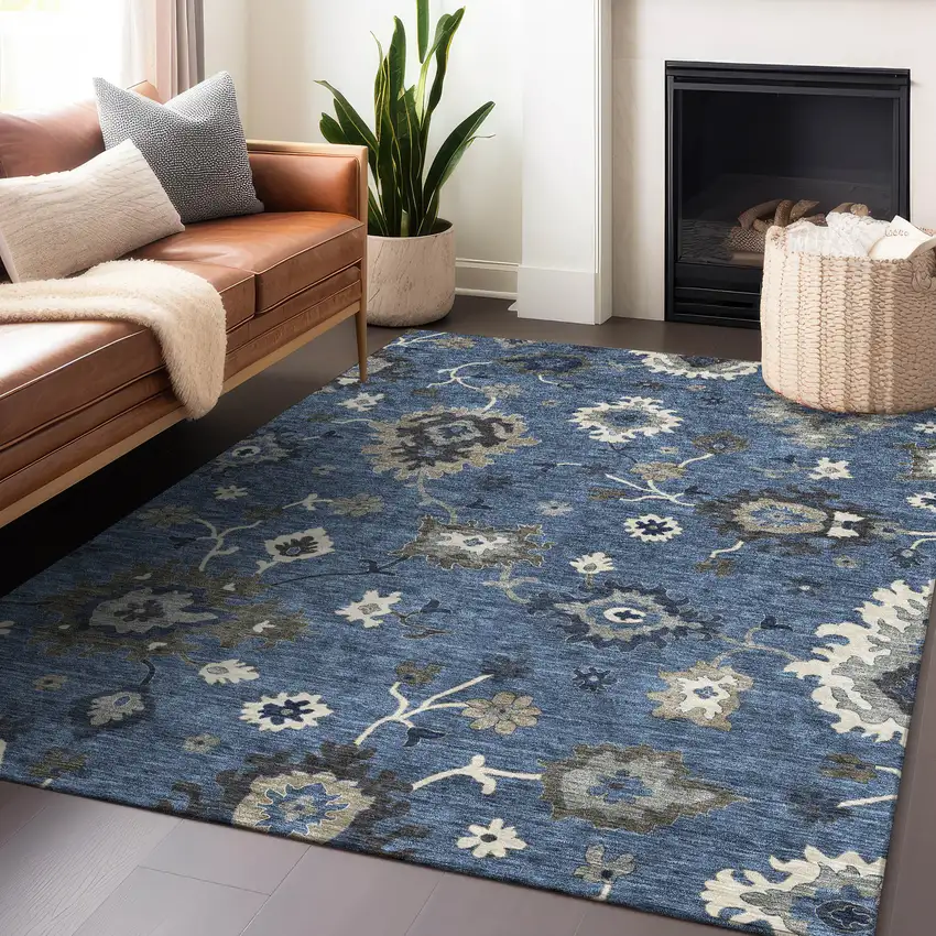 Blue Gray And White Floral Medallion Washable Area Rug With UV Protection Photo 5
