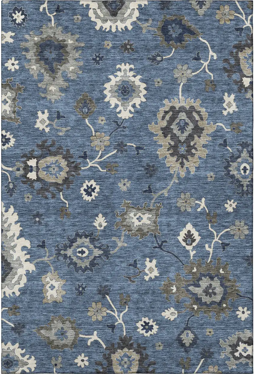 Blue Gray And White Floral Medallion Washable Area Rug With UV Protection Photo 3