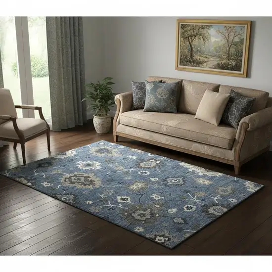 Blue Gray And White Floral Medallion Washable Area Rug With UV Protection Photo 1