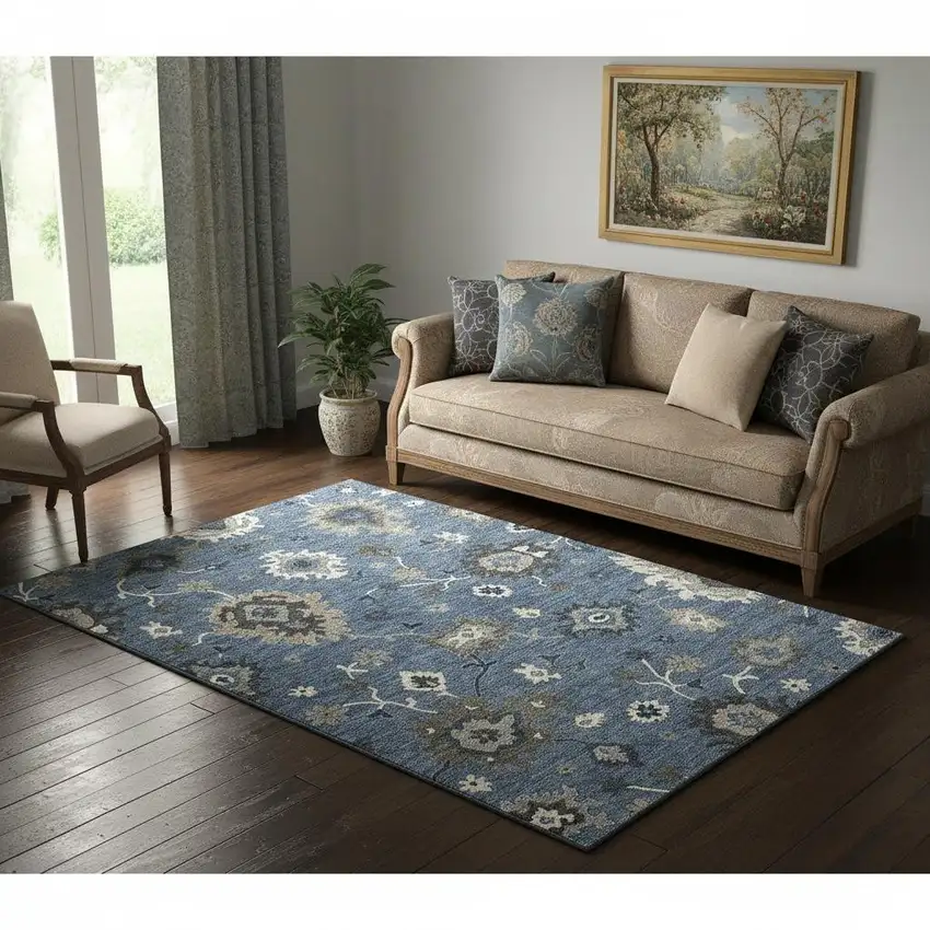 Blue Gray And White Floral Medallion Washable Area Rug With UV Protection Photo 1