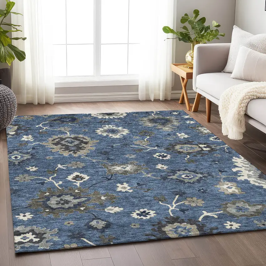 Blue Gray And White Floral Medallion Washable Area Rug With UV Protection Photo 4