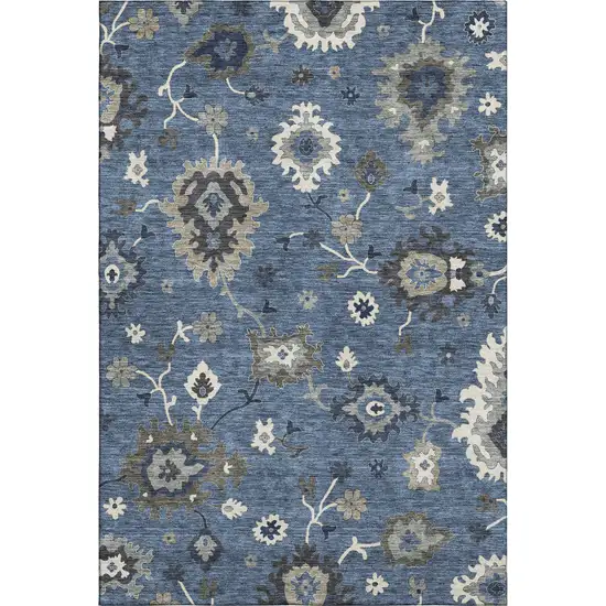 Blue Gray And White Floral Medallion Washable Area Rug With UV Protection Photo 1