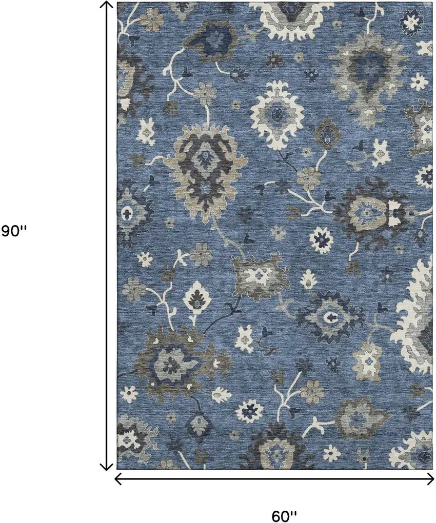 Blue Gray And White Floral Medallion Washable Area Rug With UV Protection Photo 3