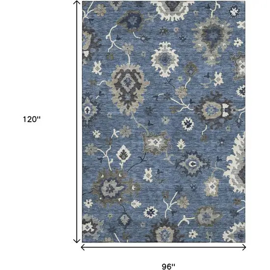 Blue Gray And White Floral Medallion Washable Area Rug With UV Protection Photo 3