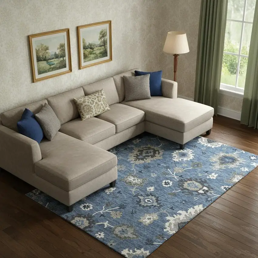 Blue Gray And White Floral Medallion Washable Area Rug With UV Protection Photo 1