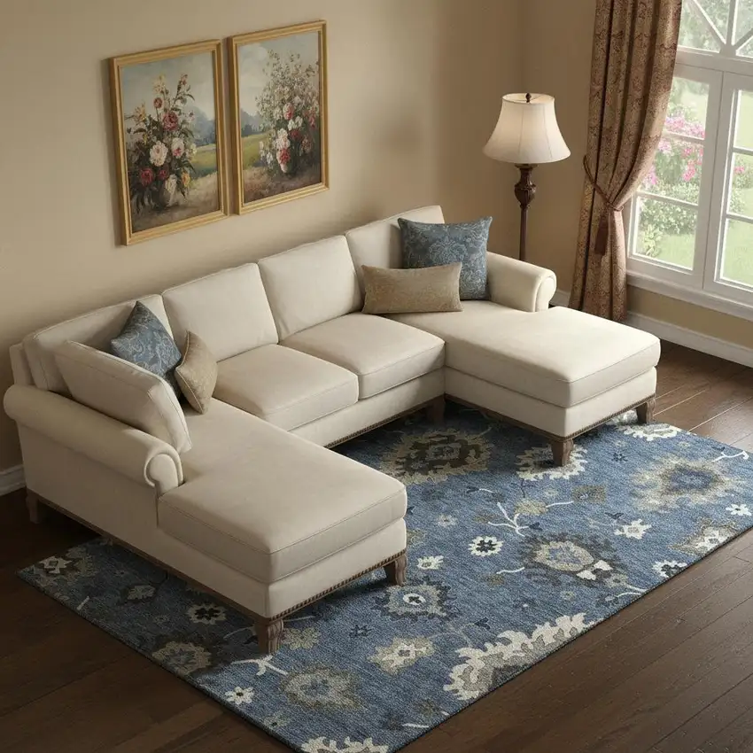 Blue Gray And White Floral Medallion Washable Area Rug With UV Protection Photo 1