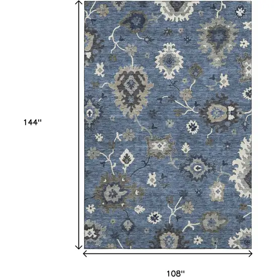Blue Gray And White Floral Medallion Washable Area Rug With UV Protection Photo 3