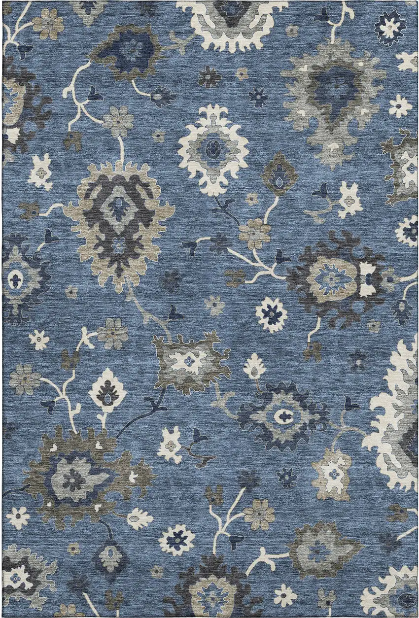 Blue Gray And White Floral Medallion Washable Area Rug With UV Protection Photo 2