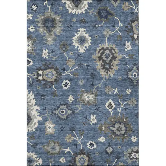 Blue Gray And White Floral Medallion Washable Area Rug With UV Protection Photo 3