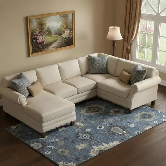 Blue Gray And White Floral Medallion Washable Area Rug With UV Protection Photo 1