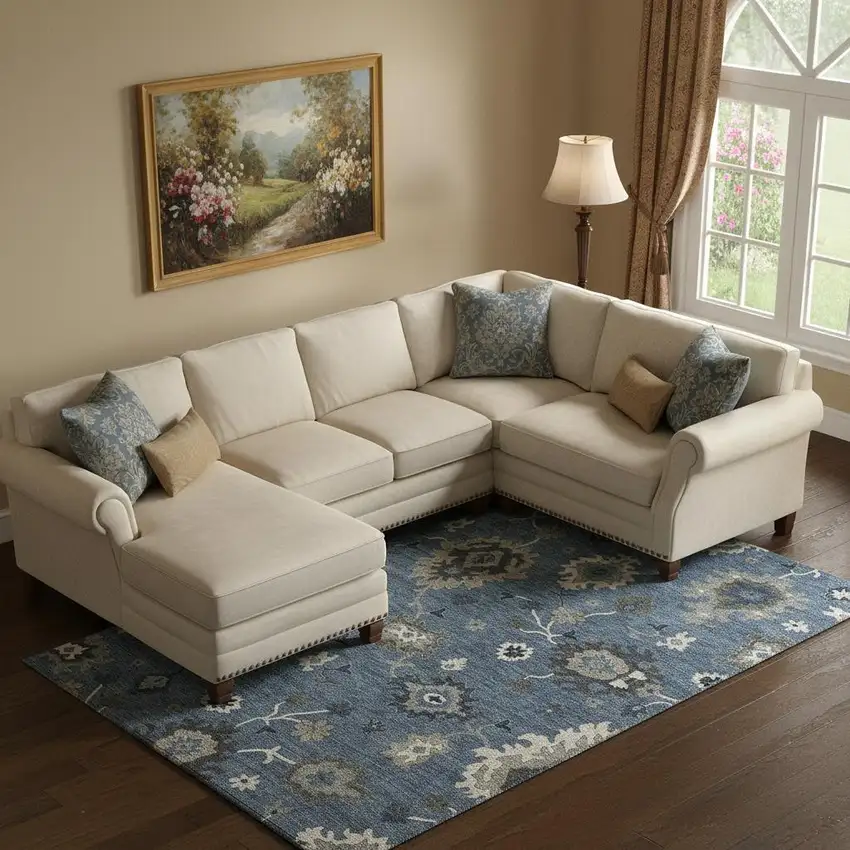 Blue Gray And White Floral Medallion Washable Area Rug With UV Protection Photo 1