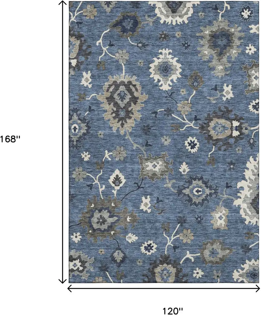 Blue Gray And White Floral Medallion Washable Area Rug With UV Protection Photo 3