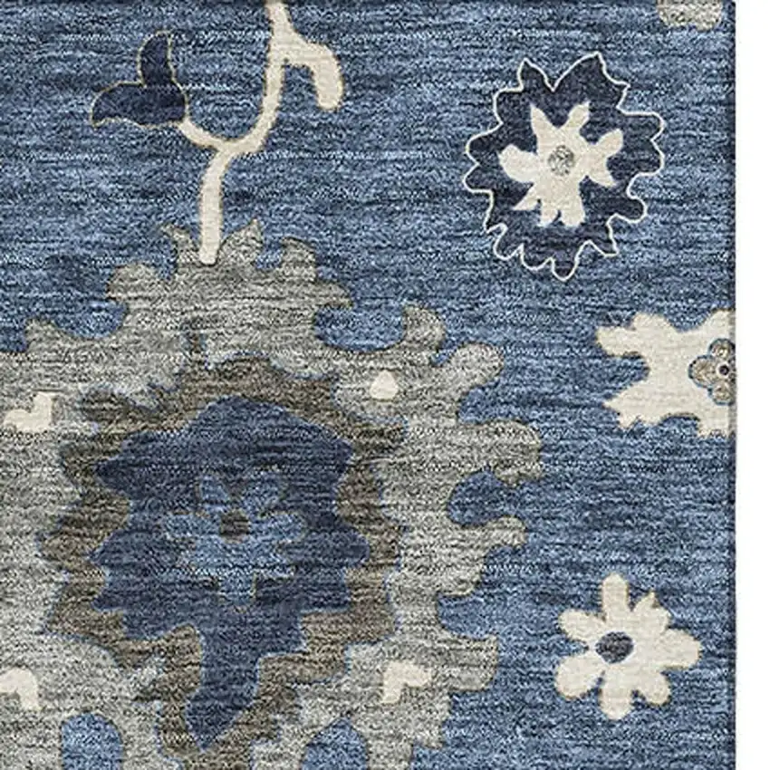 Blue Gray And White Floral Medallion Washable Area Rug With UV Protection Photo 2