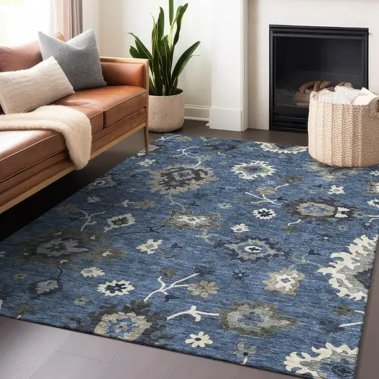 Blue Gray And White Floral Medallion Washable Area Rug With UV Protection Photo 5