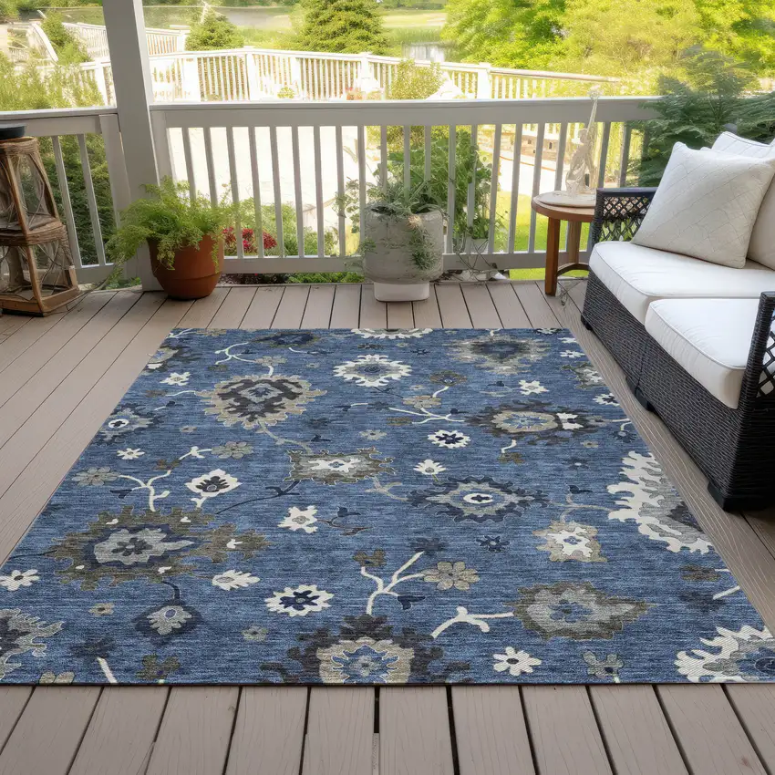 Blue Gray And White Floral Washable Indoor Outdoor Area Rug Photo 8