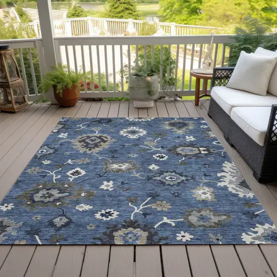 Blue Gray And White Floral Washable Indoor Outdoor Area Rug Photo 8