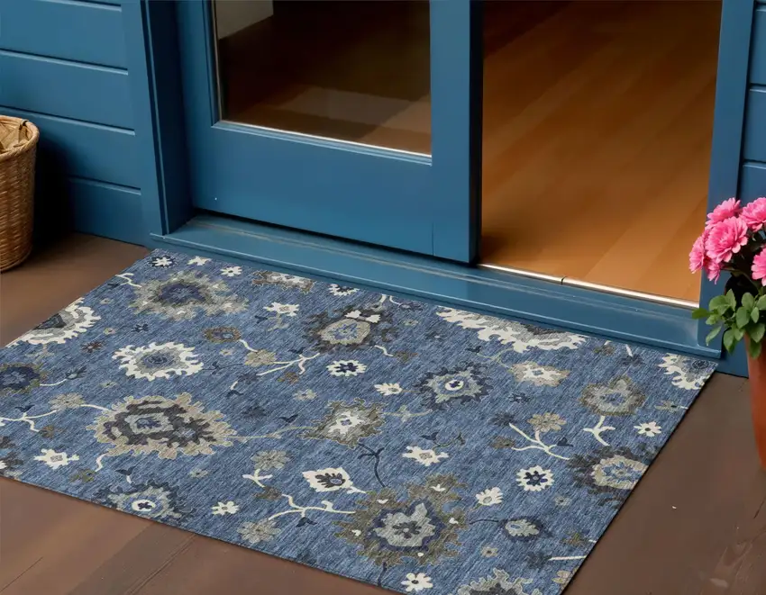 Blue Gray And White Floral Washable Indoor Outdoor Area Rug Photo 1