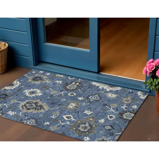 Blue Gray And White Floral Washable Indoor Outdoor Area Rug Photo 1
