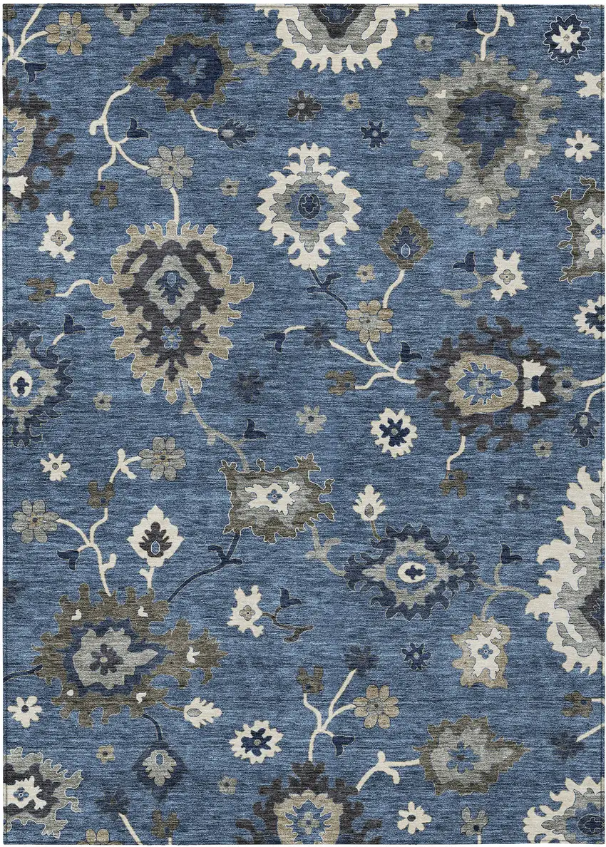 Blue Gray And White Floral Washable Indoor Outdoor Area Rug Photo 1