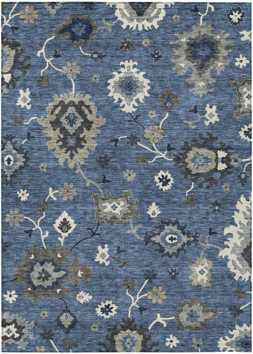 Blue Gray And White Floral Washable Indoor Outdoor Area Rug Photo 1