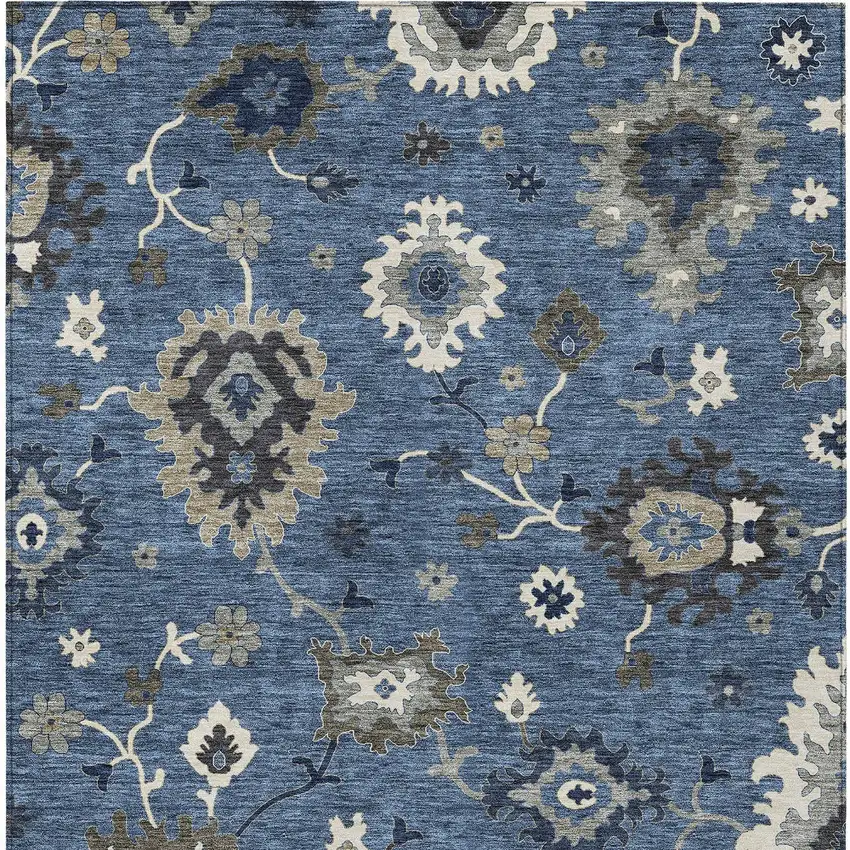 Blue Gray And White Floral Washable Indoor Outdoor Area Rug Photo 7