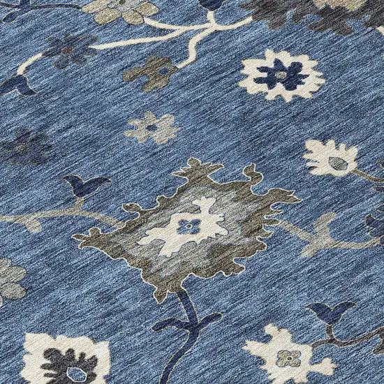 Blue Gray And White Floral Washable Indoor Outdoor Area Rug Photo 5